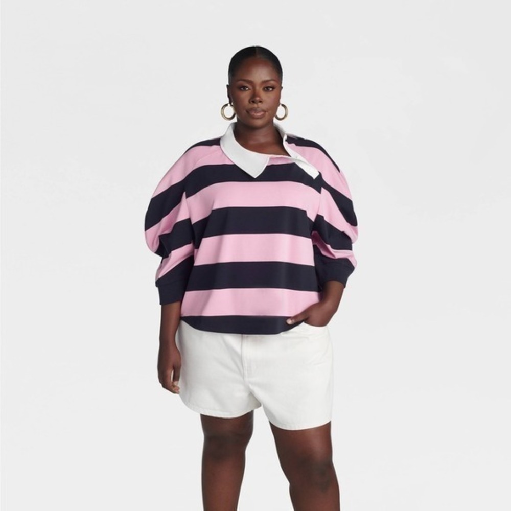 KBB by KAHLANA x Target Plus 3X 3XL The Striped Asymmetric Rugby Pink Blue Polo